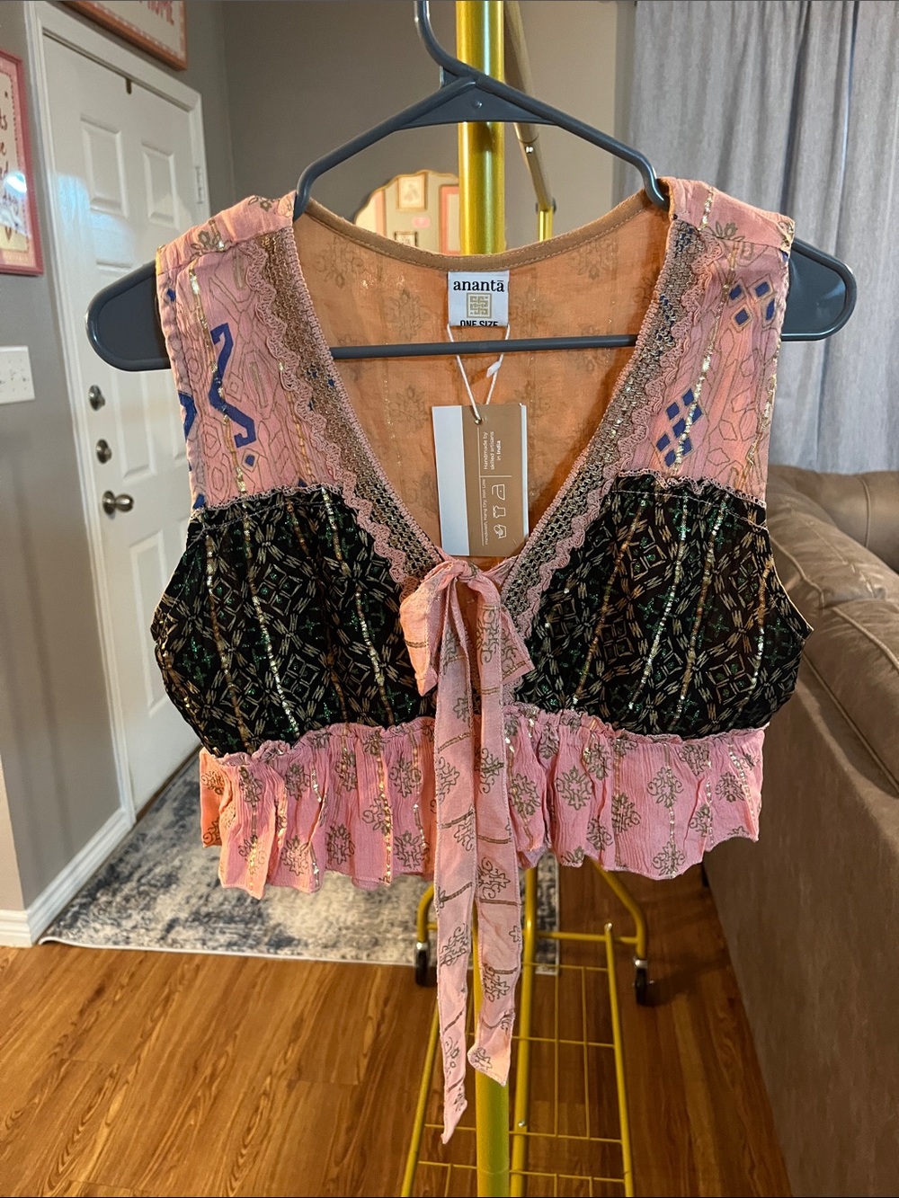 Ananta Pink & Black Tie-Front Boho Crop Top